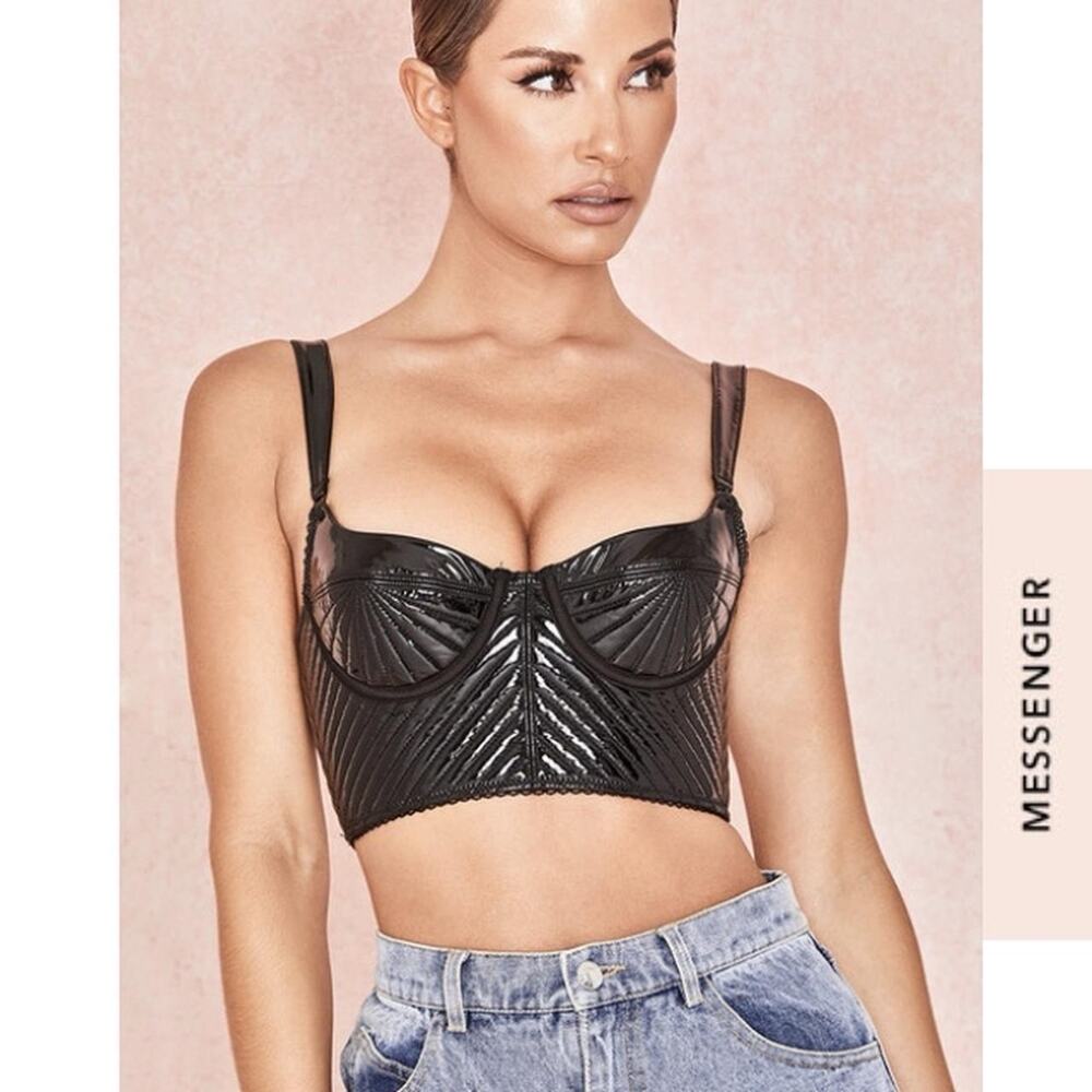 House of CB Chloe Black Patent Leather Crop Top Bustier Vegan Quilted Bra, M